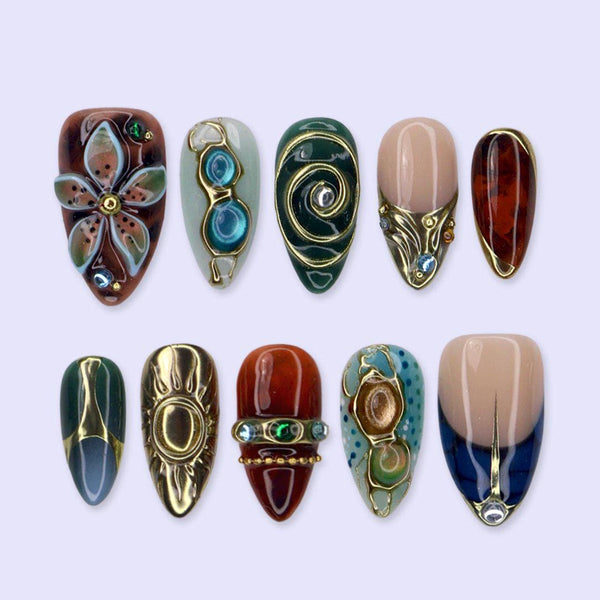Fall Press-On Nails with 3D Flowers, Amber & Gold - Medium Almond