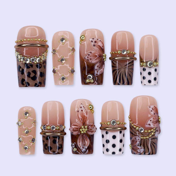 Fall Leopard Print Press-On Nails, Brown Polka Dot - Medium Square