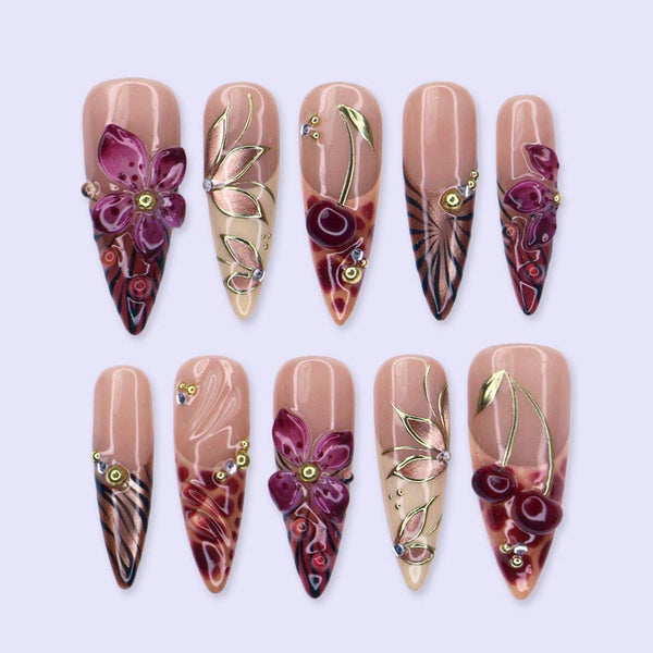 Fall Cherry Red Press-On Nails, Burgundy - Long Almond