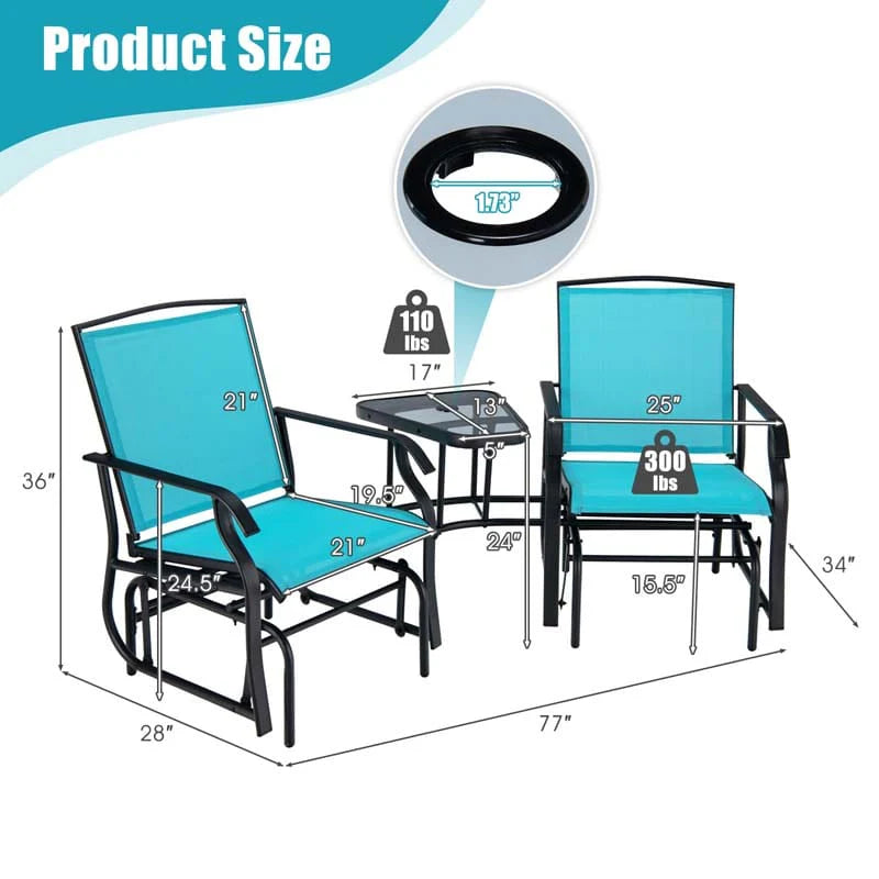 2-Person Double Swing Glider Chair With Glass Table, Steel And Fabric - 77in x 34in x 36in