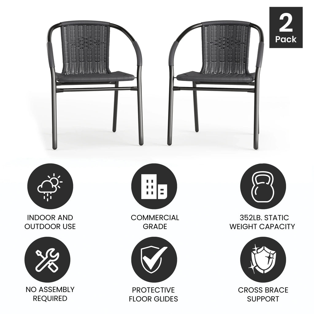 Emma + Oliver Indoor/Outdoor Stacking Rattan Patio Chairs, Set of 2, Gray
