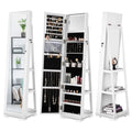 Dextrus 360 Degree Swivel Lockable Jewelry Cabinet With Full-Length Mirror And Rear Storage Shelves - White