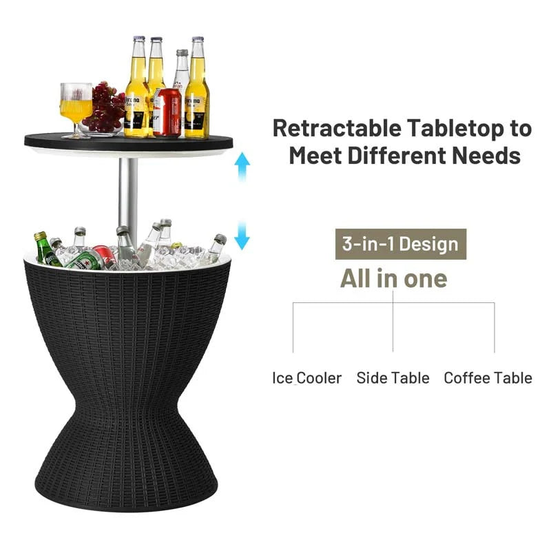 3-in-1 Rattan Outdoor Patio Ice Cooler Side Table, 8 Gal - Adjustable 22.5 in/32.5 in Height