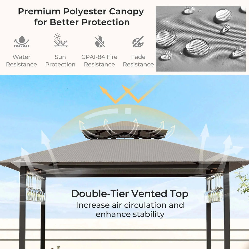 Costway 3-Piece Grill Gazebo Bar Set With 2 Bar Stools And Tempered Glass Top - Grey