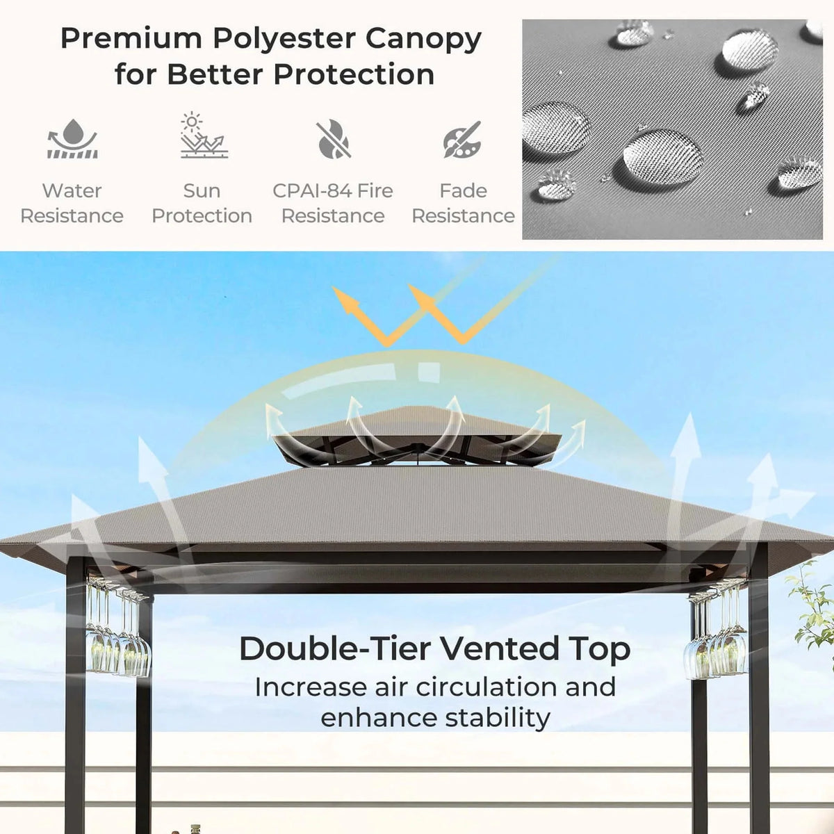 Costway 3-Piece Grill Gazebo Bar Set With 2 Bar Stools And Tempered Glass Top - Grey
