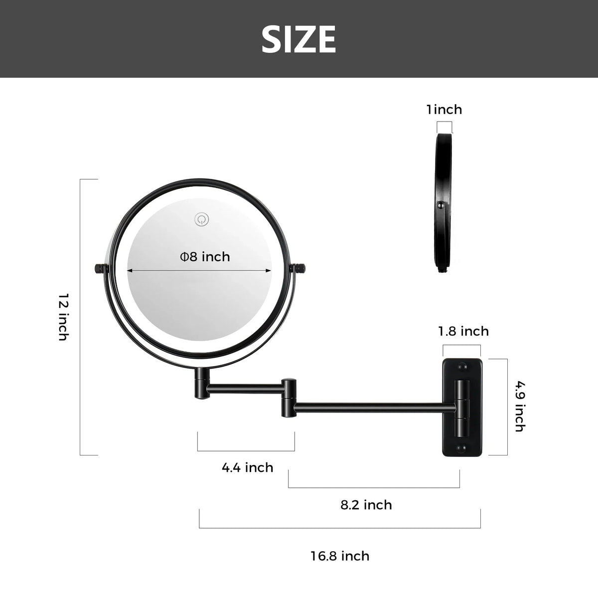 8 Inch Round Wall-Mounted Makeup Mirror, Rechargeable, 1X/10X Magnification, 3-Color LED Lights