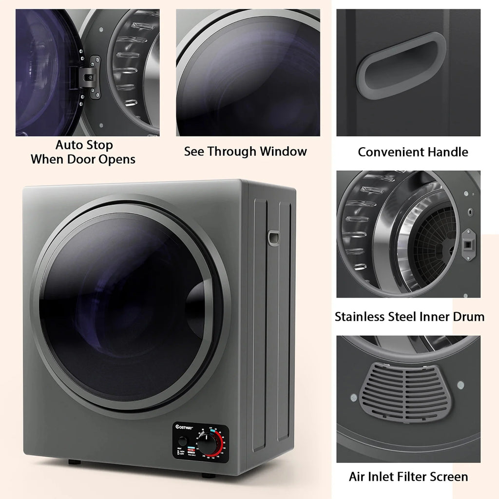 Costway Compact Electric Laundry Dryer, 1.5 cu. ft., 10 lbs, Stainless Steel - Wall Mounted