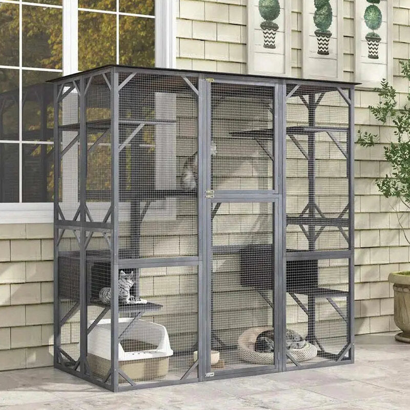 71-Inch Outdoor Wooden Catio Enclosure With 7 Platforms And 2 Condos - Grey