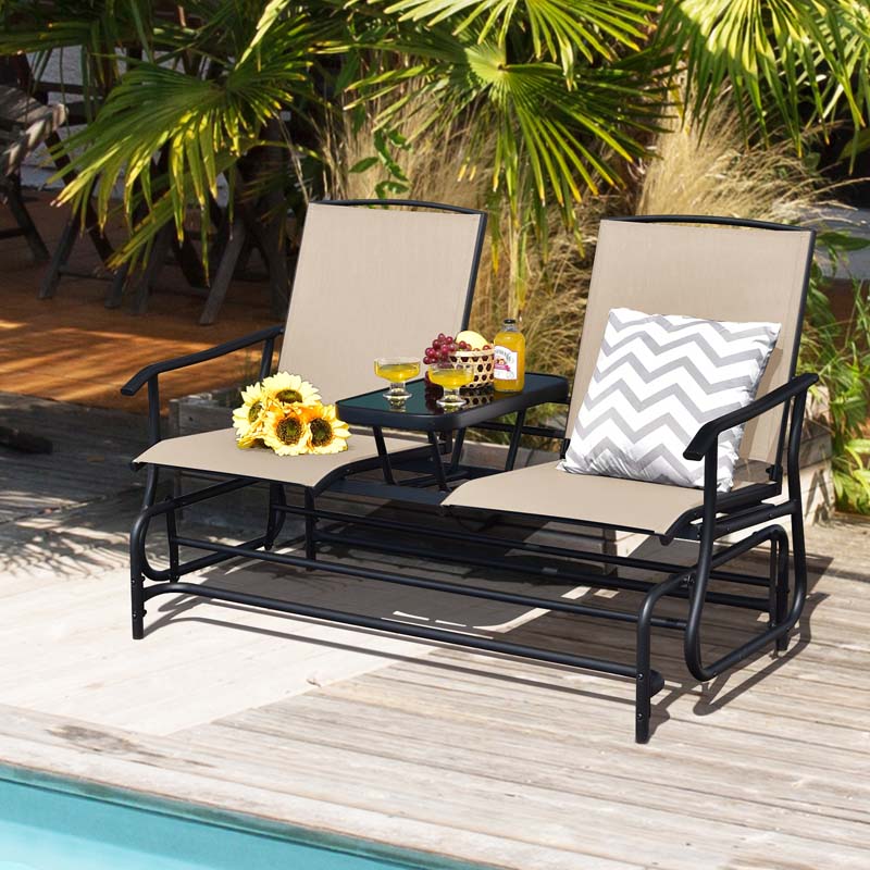 2-Person Outdoor Bench Glider Chair With Center Table, Mesh Fabric, 57 x 28 x 38 in