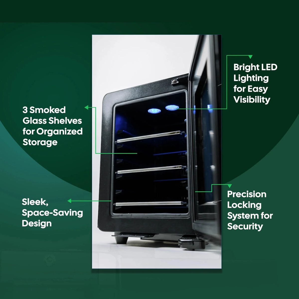 Essential Cooler Mini Fridge With Temperature And Humidity Control, 3 USB Ports, Smoked Glass Shelves And Lockable UV Glass Door