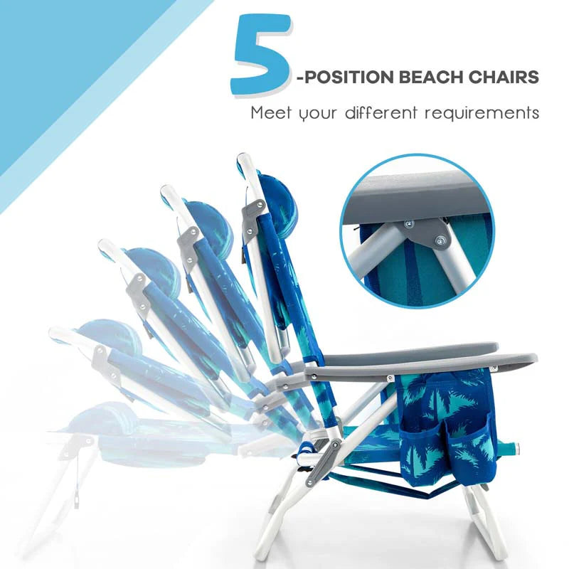 2-Pack 5-Position Outdoor Folding Backpack Beach Chairs With Side Table Set