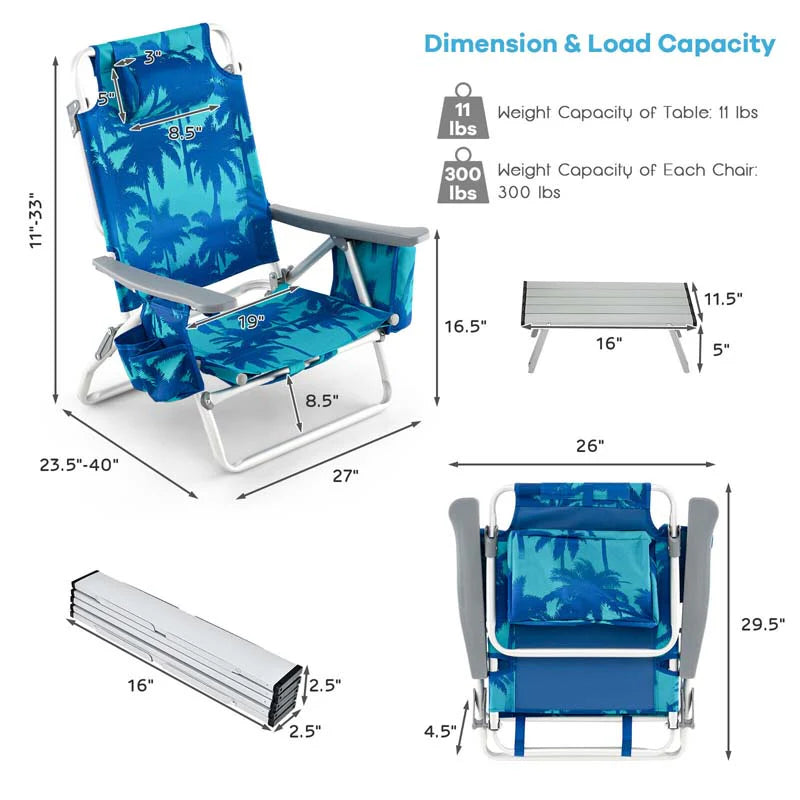 2-Pack 5-Position Outdoor Folding Backpack Beach Chairs With Side Table Set