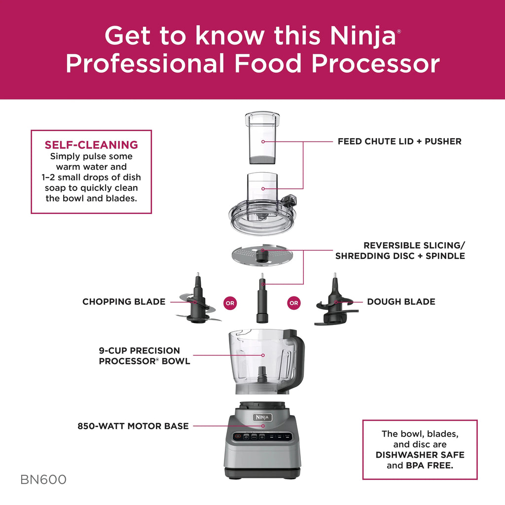 Ninja Professional Food Processor 9 Cup, 850 Watts, Silver - BN600