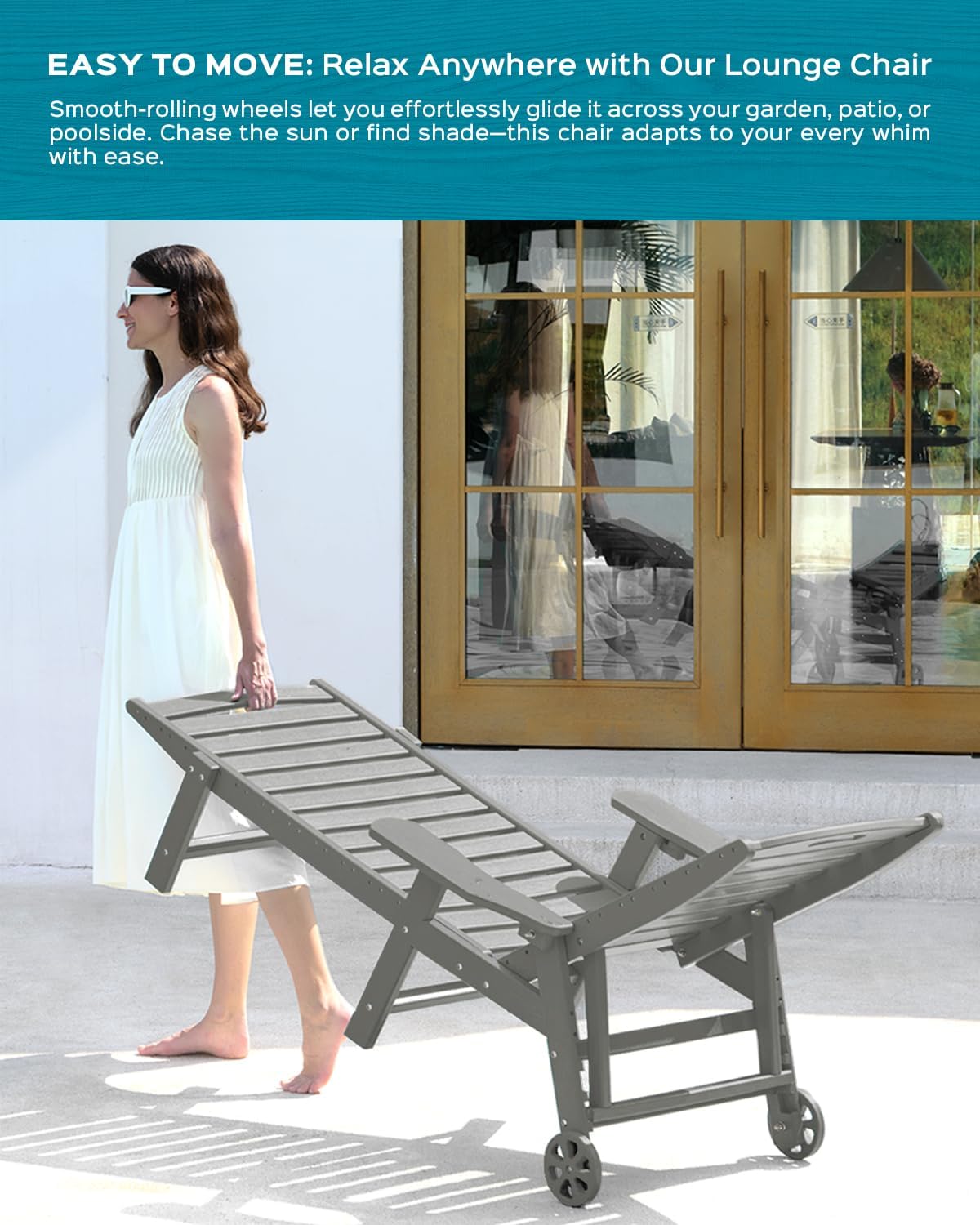 Ciokea Outdoor Oversized HDPE Chaise Lounge Chair With Wheels, Cup Holder And 5 Positions