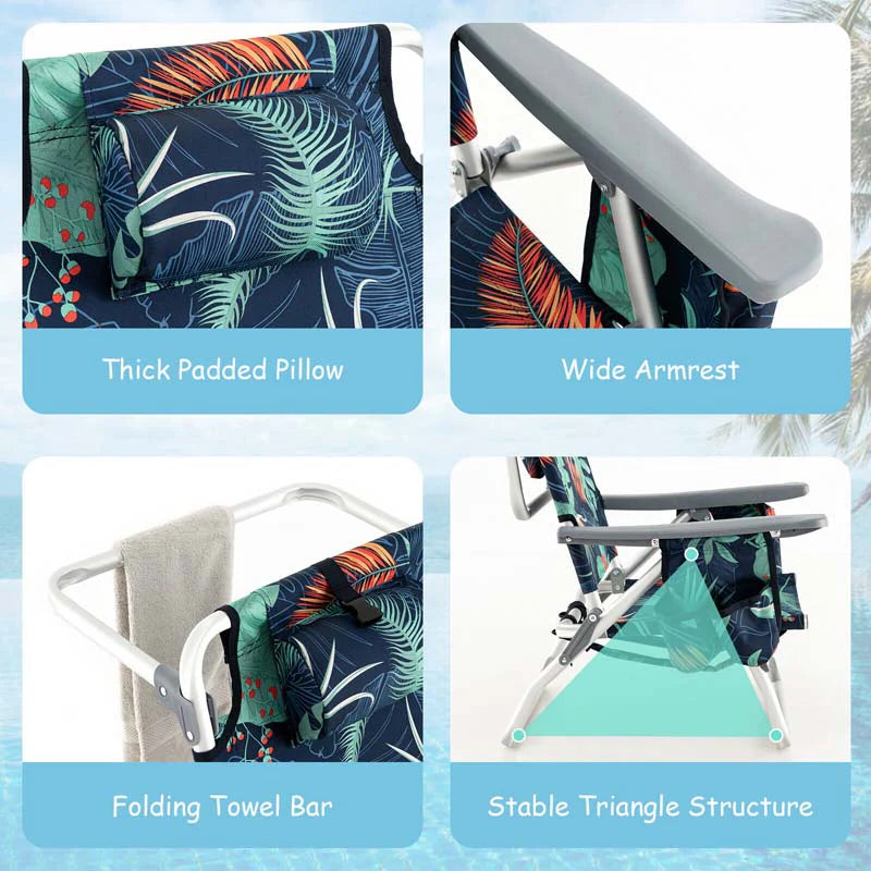 2-Pack 5-Position Outdoor Folding Backpack Beach Chairs With Side Table Set