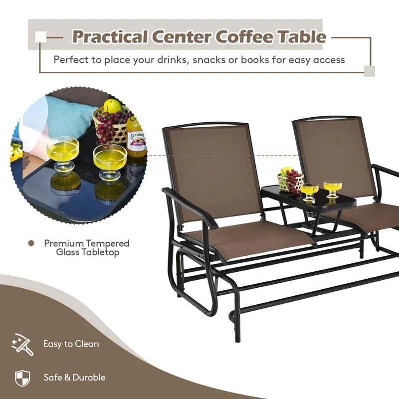 2-Person Outdoor Bench Glider Chair With Center Table, Mesh Fabric, 57 x 28 x 38 in