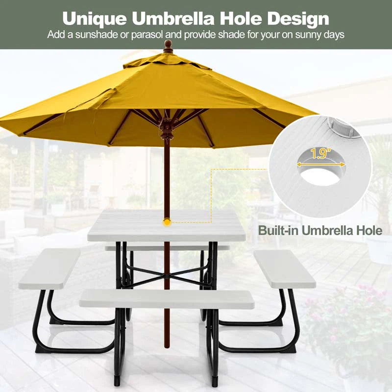 8-Person Outdoor HDPE Square Picnic Table And Bench Set, 67in x 67in x 30in, Metal Frame
