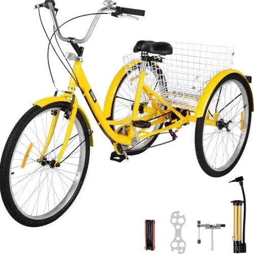 Adult 26-Inch 7-Speed Cruiser Tricycle With Front Basket And Comfort Saddle - Yellow