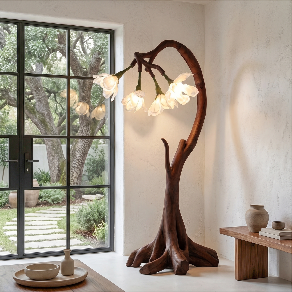 Bloom Floor Lamp With Sculptural Wooden Stand For Living Room And Bedroom - view 3