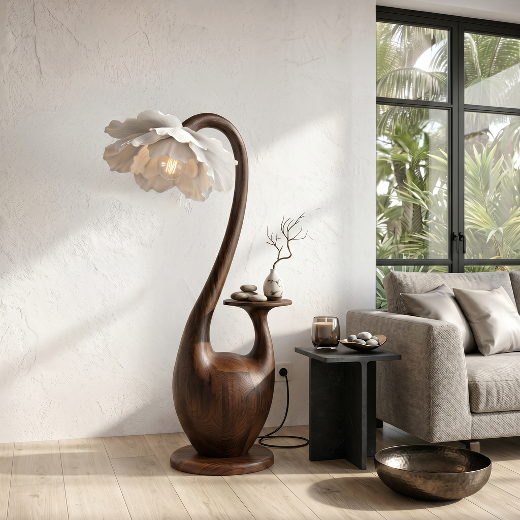 Artistic Floor Lamp With Sculptural Organic Base And Integrated Shelf For Reading Nook - view 3
