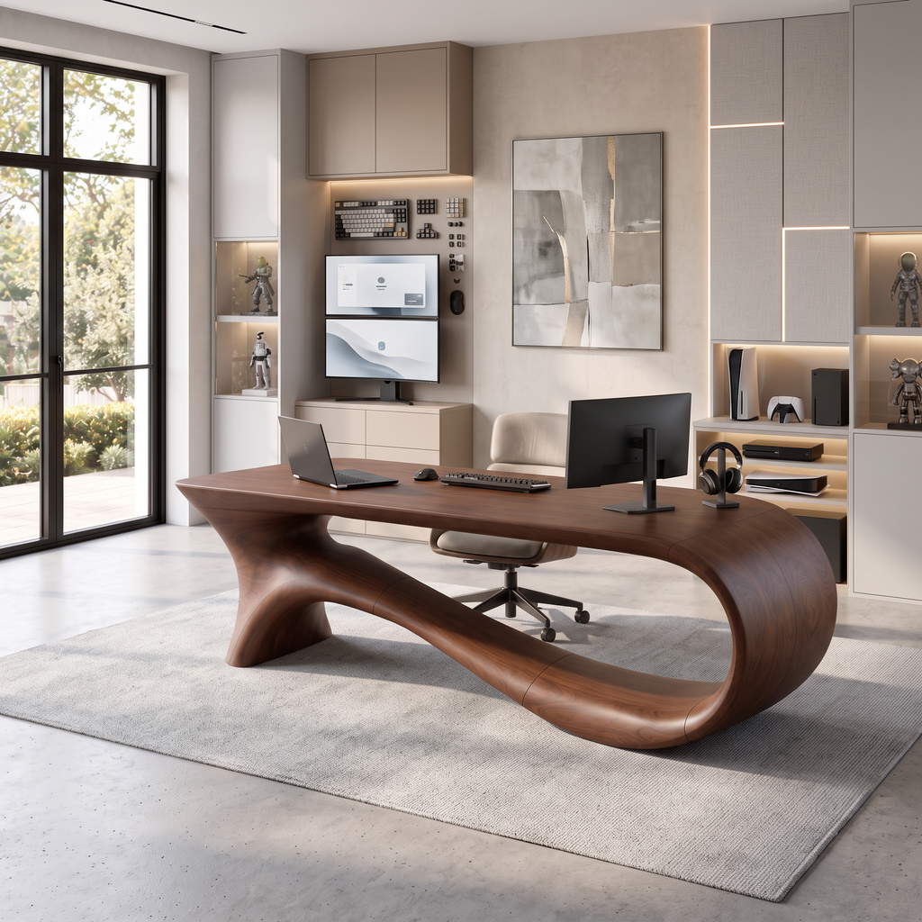 Contemporary Office Desk With Asymmetrical Curved Legs For Workspace - view 3