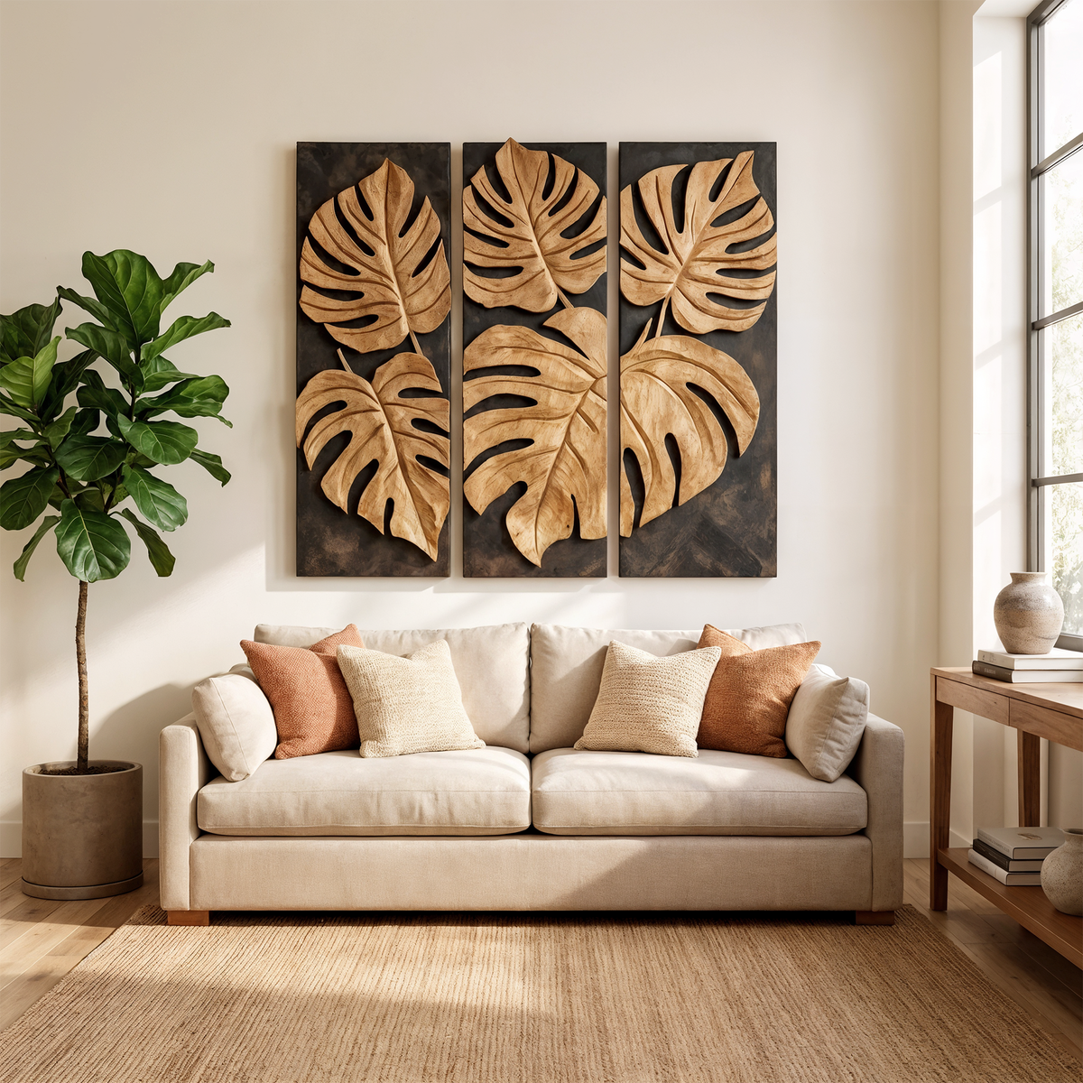 Carved Monstera Leaf Solid Wood Wall Art Triptych Statement Decor - view 3