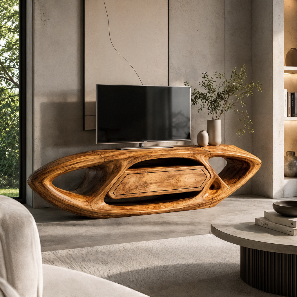 Contemporary TV Cabinet With Sculptural Oval Frame And Open Storage For Living Room - view 3