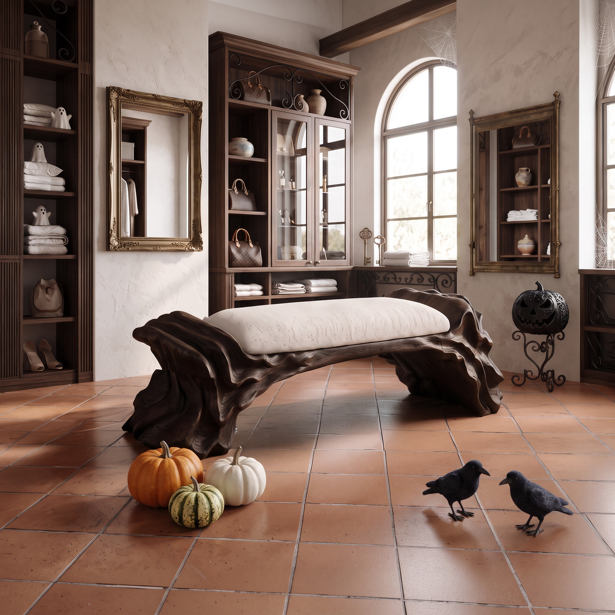Contemporary Halloween Wood Bench With Oyster Inspired Base For Reading Nook - view 3