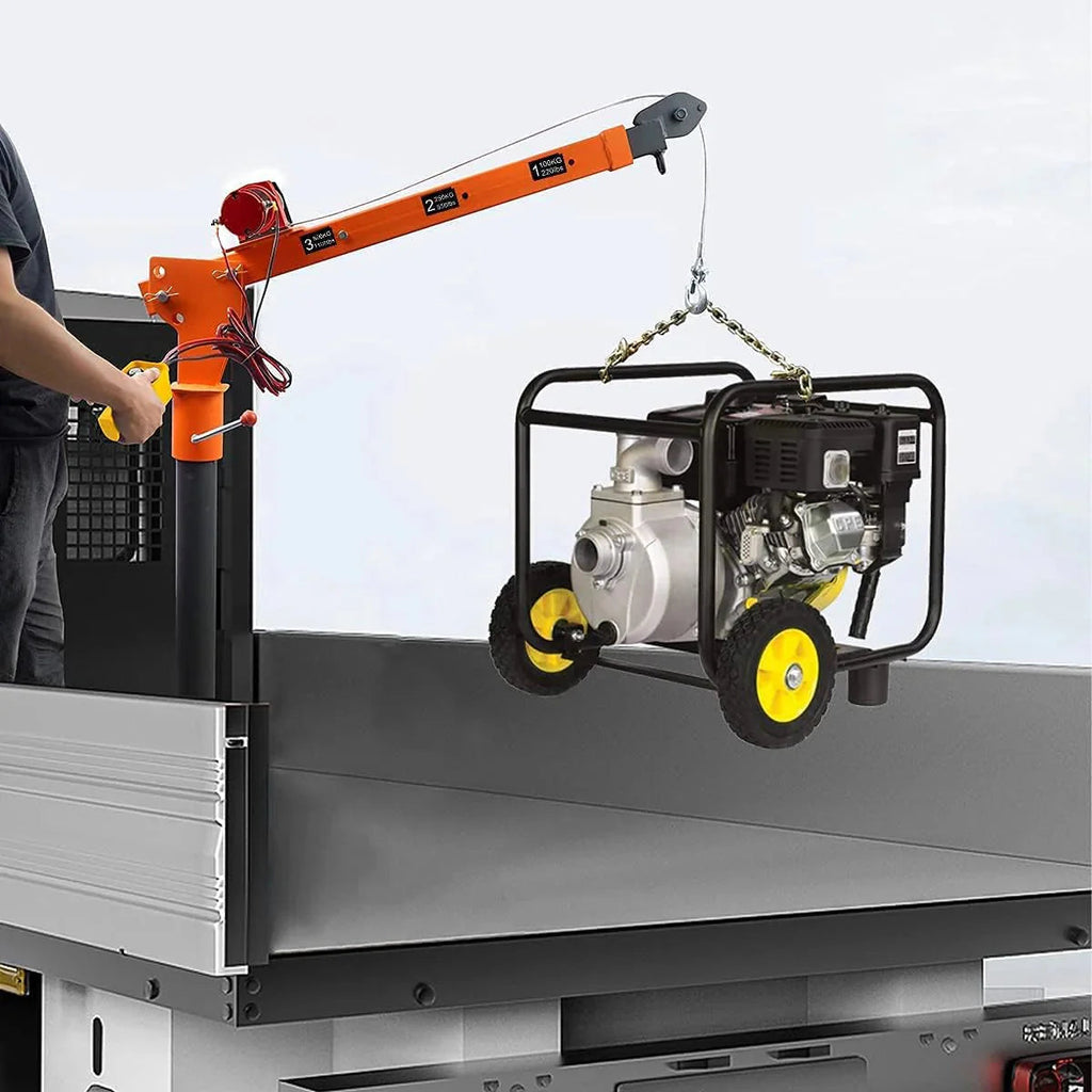 Pismire Folding Truck-Mounted Bed Crane Hoist, 1100 lb, 3500 lb 12V Electric Winch, Yellow Painted Steel - 3500lb