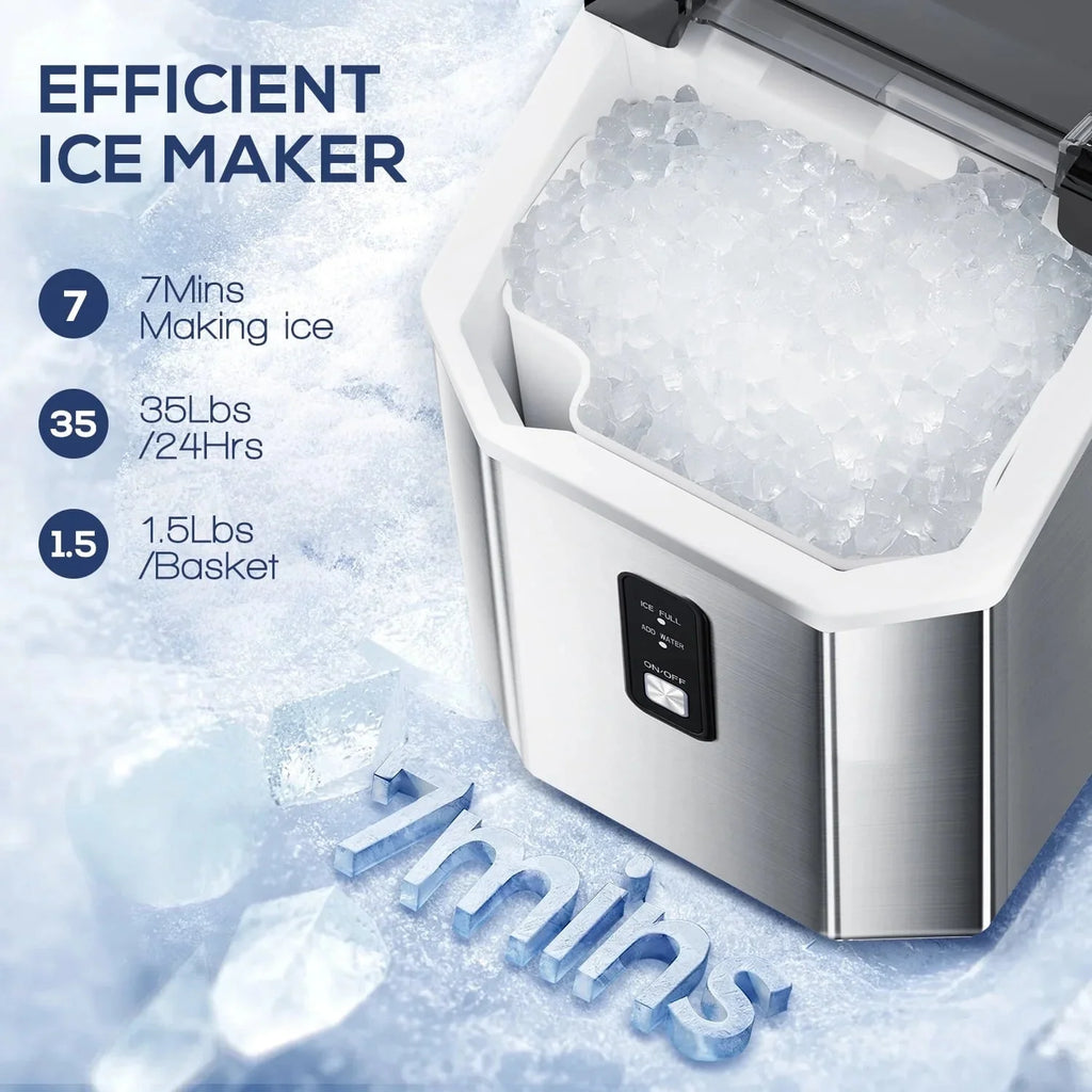 Auseo Countertop Nugget Ice Maker, 35Lbs/24H, 1.1L, Stainless Steel Silver - Self-Cleaning