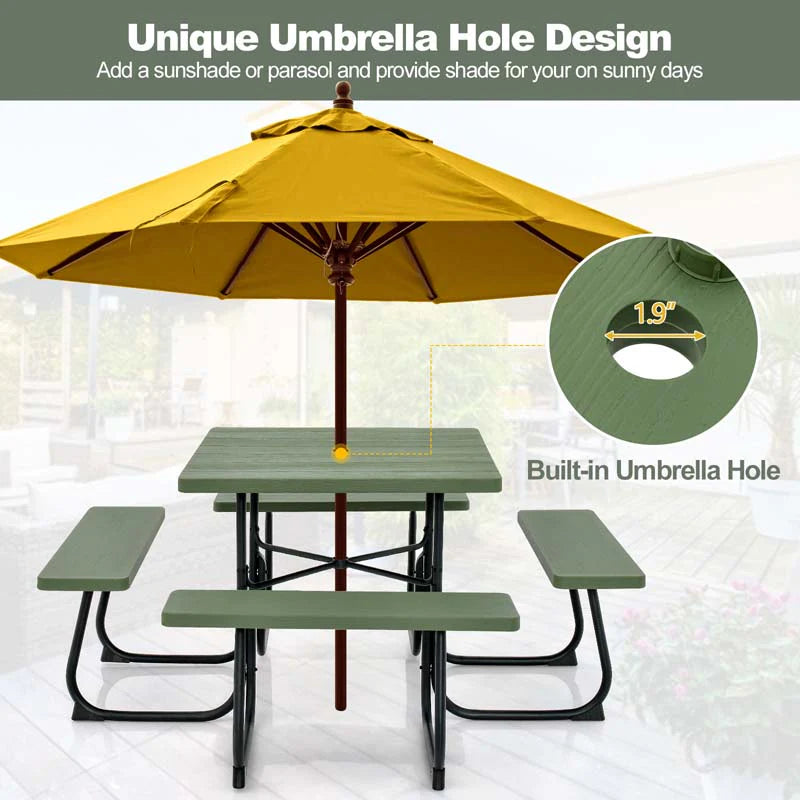 8-Person Outdoor HDPE Square Picnic Table And Bench Set, 67in x 67in x 30in, Metal Frame