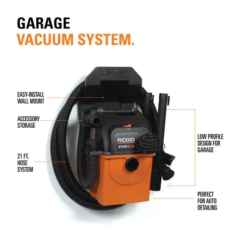 RIDGID 5 Gallon 5.0 Peak HP Wall-Mountable Wet/Dry Shop Vacuum With Two Locking Hoses And Accessories - WD5500