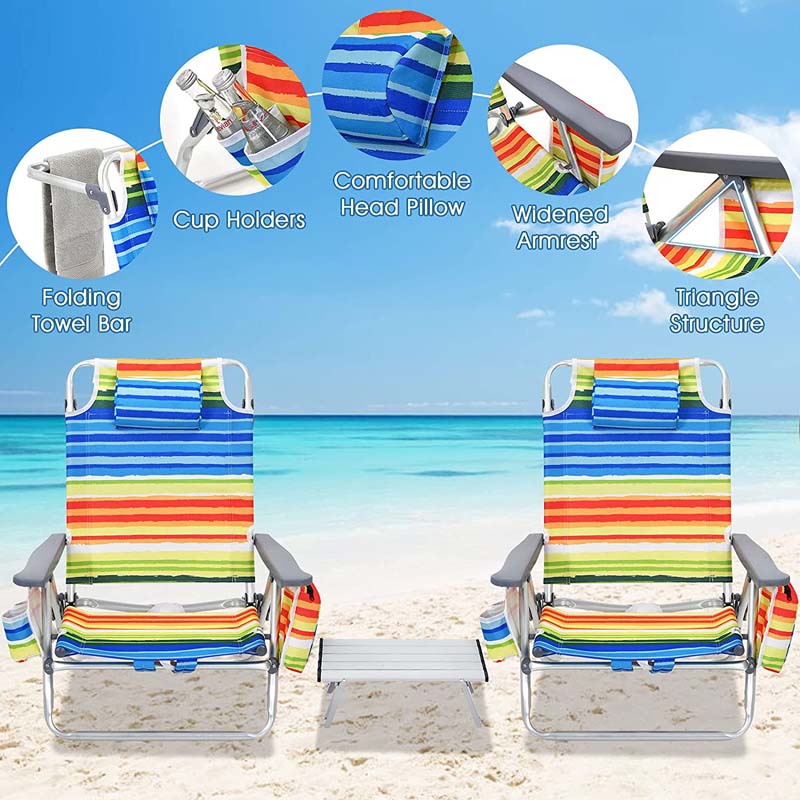 2-Pack 5-Position Outdoor Folding Backpack Beach Chairs With Side Table Set