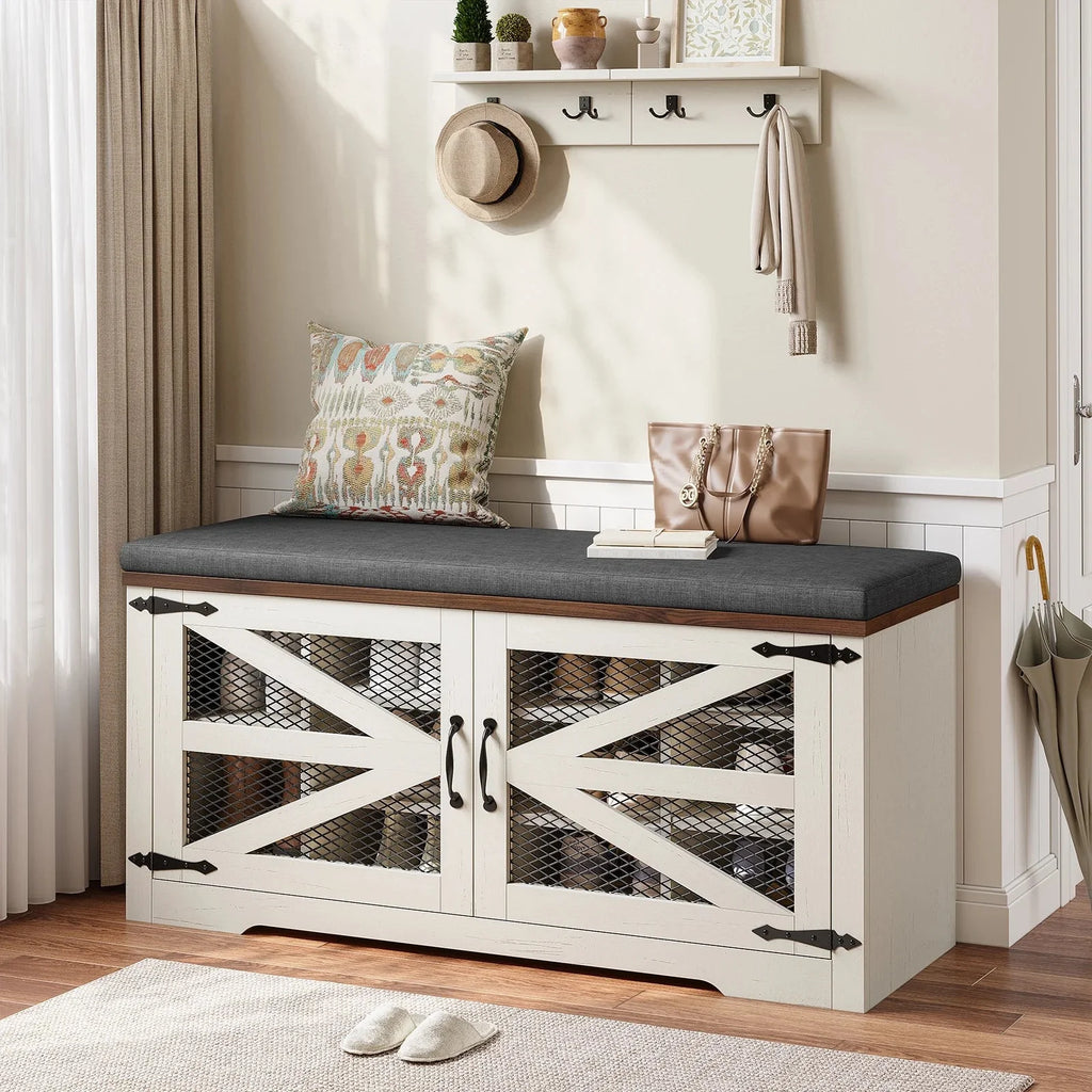 Farmhouse Shoe Storage Bench With Cushion, 31.4in, Metal Barn Door, Old White