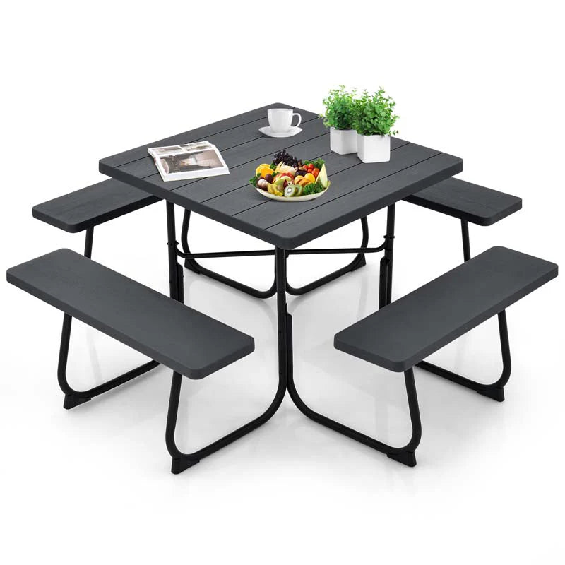 8-Person Outdoor HDPE Square Picnic Table And Bench Set, 67in x 67in x 30in, Metal Frame