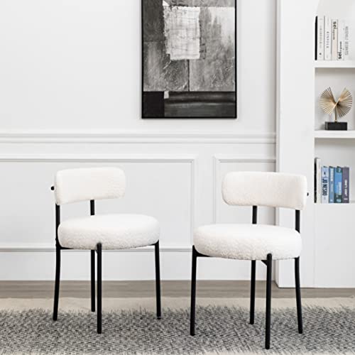 DYHOME Mid-Century Modern Dining Chairs, White, Set Of 4, Black Metal Legs
