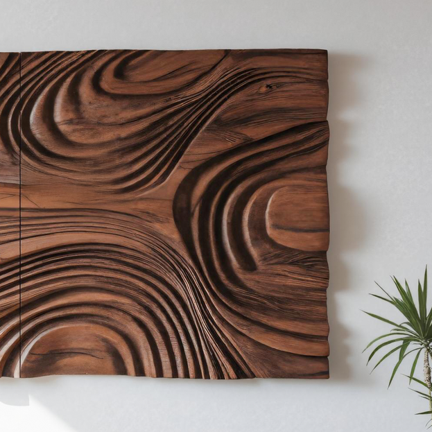 Abstract Sculptural Wood Wall Art With Carved Wave Patterns For Living Room Or Bedroom - view 4