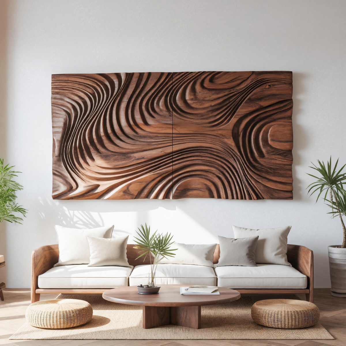 Abstract Sculptural Wood Wall Art With Carved Wave Patterns For Living Room Or Bedroom - view 3