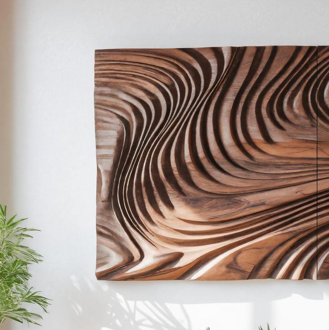 Abstract Sculptural Wood Wall Art With Carved Wave Patterns For Living Room Or Bedroom