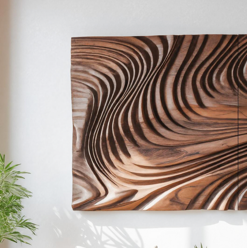 Abstract Sculptural Wood Wall Art With Carved Wave Patterns For Living Room Or Bedroom