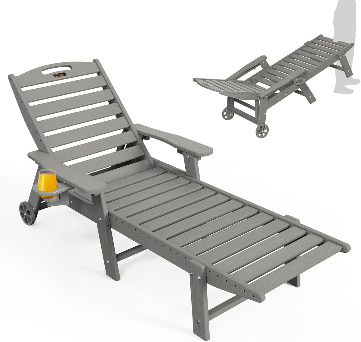 Ciokea Outdoor Oversized HDPE Chaise Lounge Chair With Wheels, Cup Holder And 5 Positions