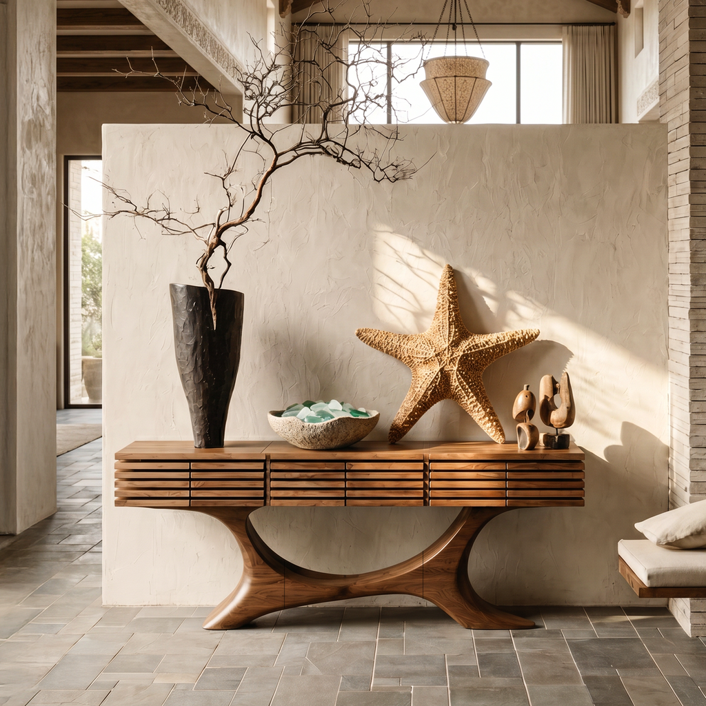 Contemporary Console Table With Curved Tree Trunk Base And Built In Storage Drawers For - view 3