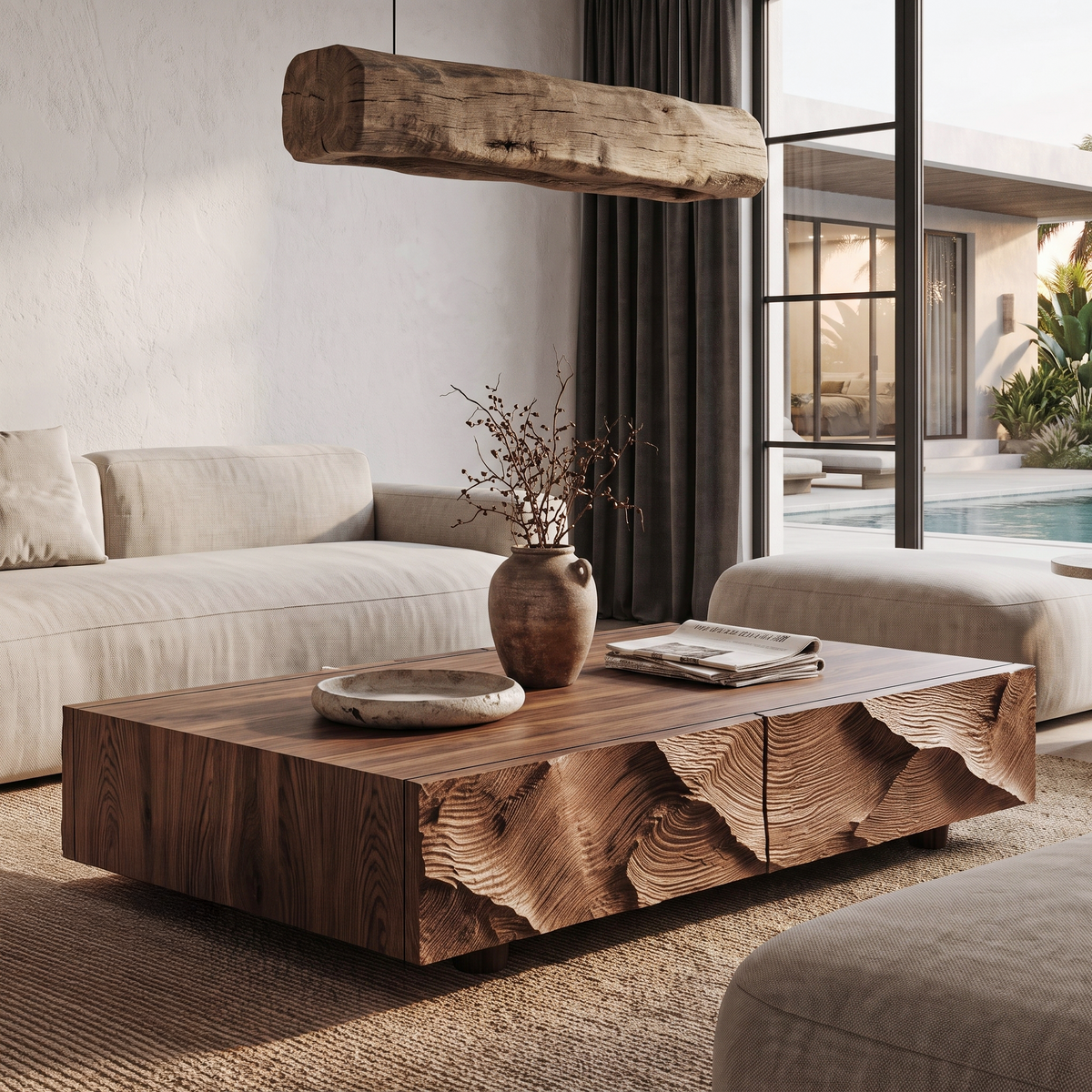 Contemporary Coffee Table With Sculptural Carved Drawer Front For Living Room - view 3