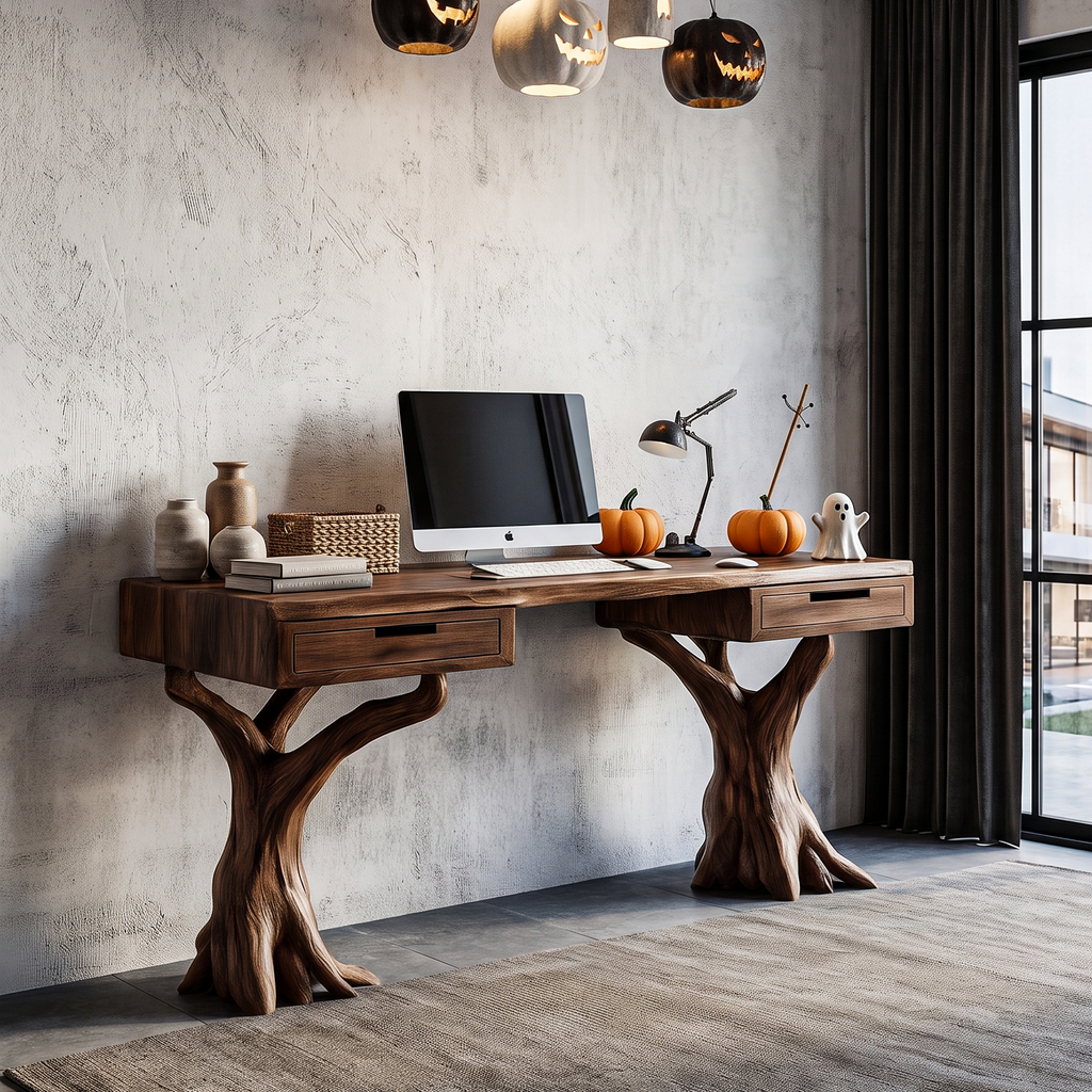 Contemporary Halloween Storage Desk With Pumpkin Display Shelves For Home Office - view 3