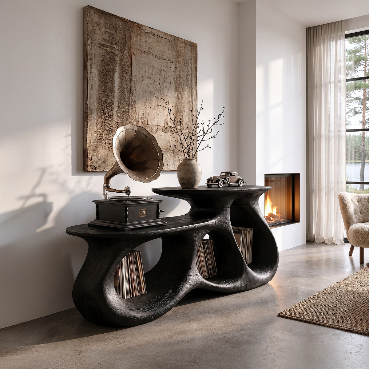 Contemporary Vinyl Record Cabinet With Interlocking Curved Forms For Living Room - view 3