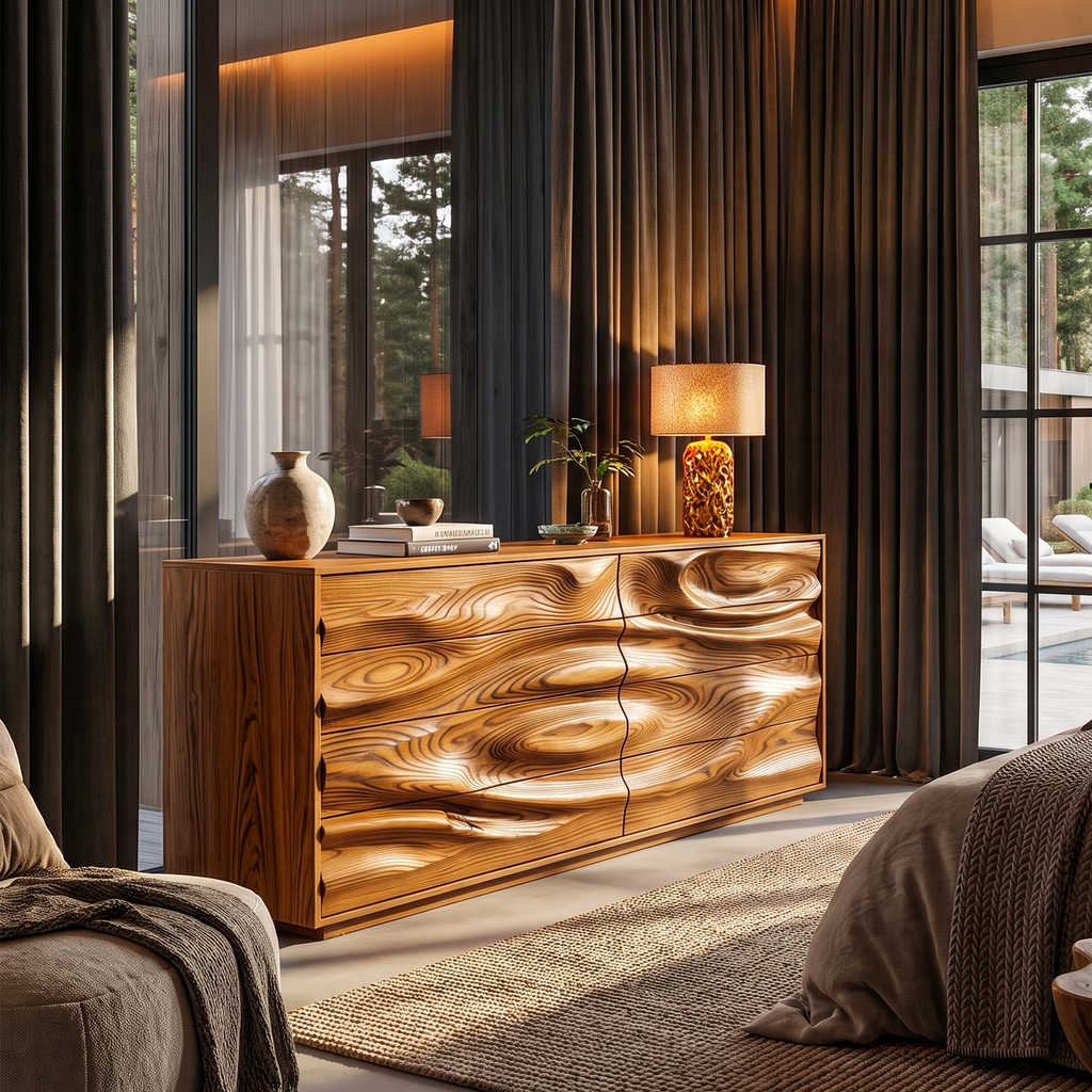 Contemporary Wooden Dresser With Sculpted Ripple Drawers For Bedroom - view 3