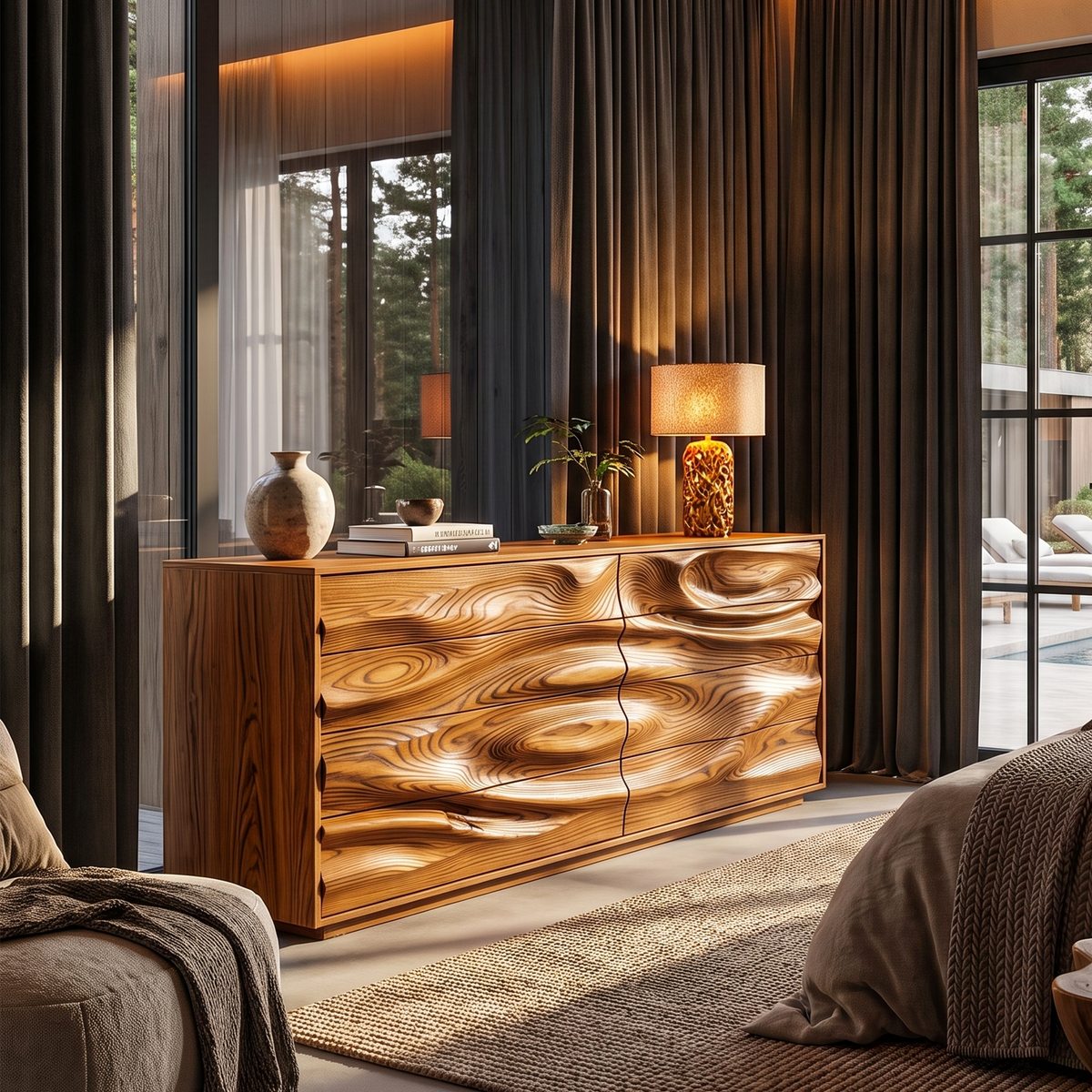 Contemporary Wooden Dresser With Sculpted Ripple Drawers For Bedroom - view 3