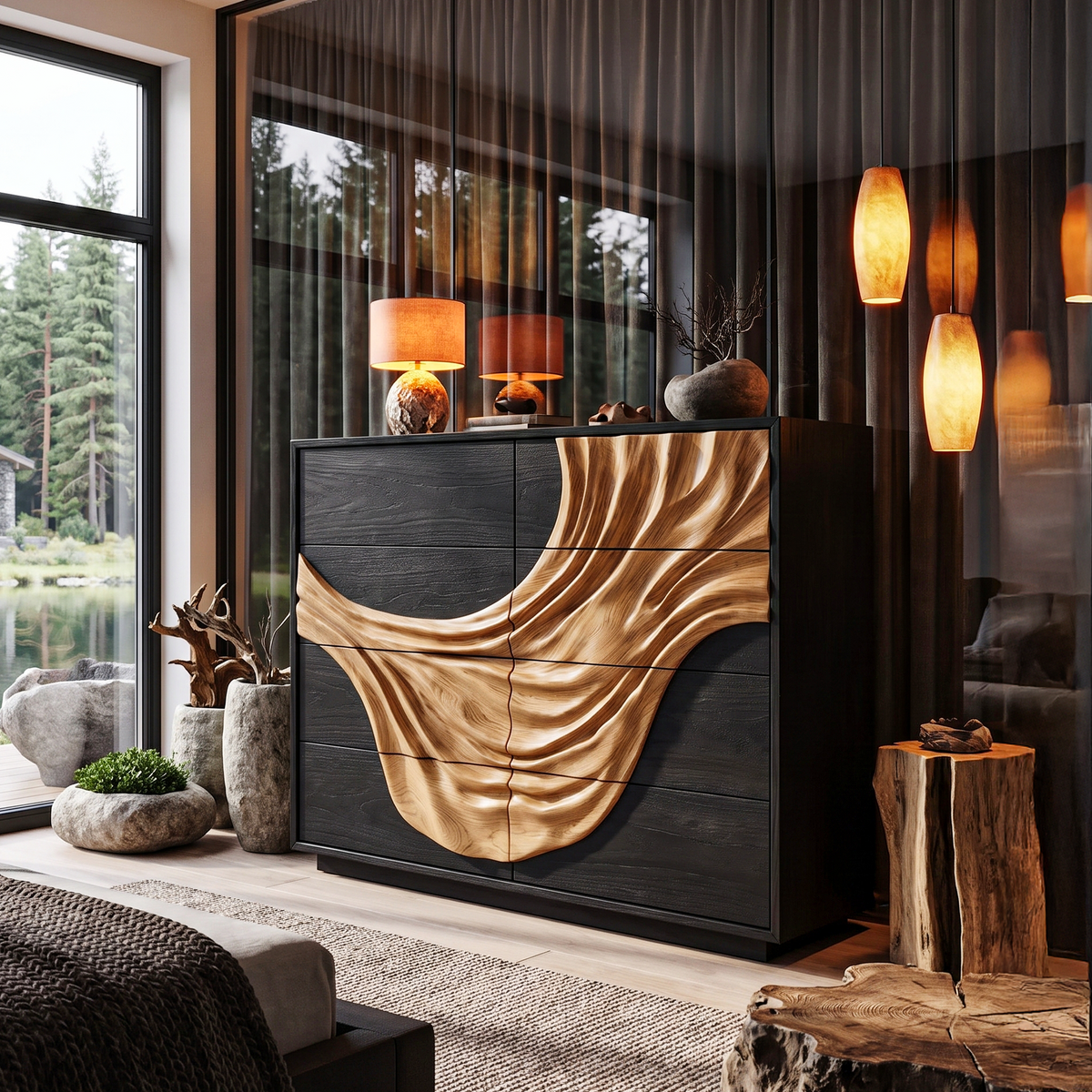 Contemporary Black Dresser With Strong Linear Detailing For Bedroom - view 3