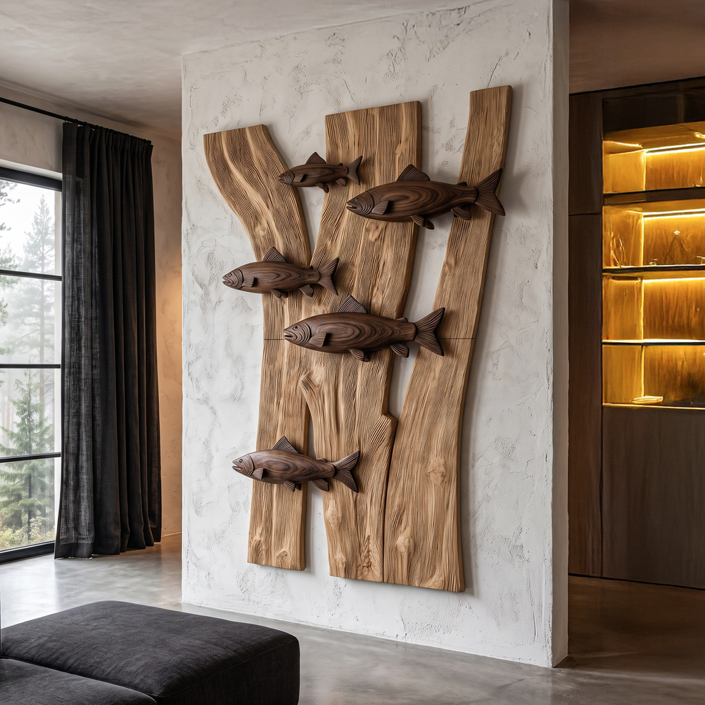Contemporary Wooden Fish Wall Decor With Sculptural River Scene For Living Room And - view 3