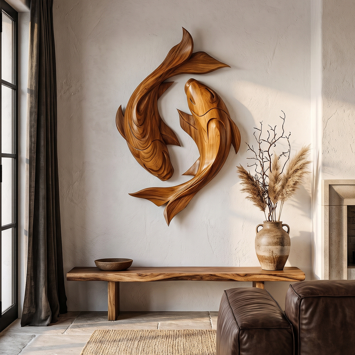 Contemporary Wood Wall Sculpture With Carved Koi Fish Design For Living Room And Office - view 3